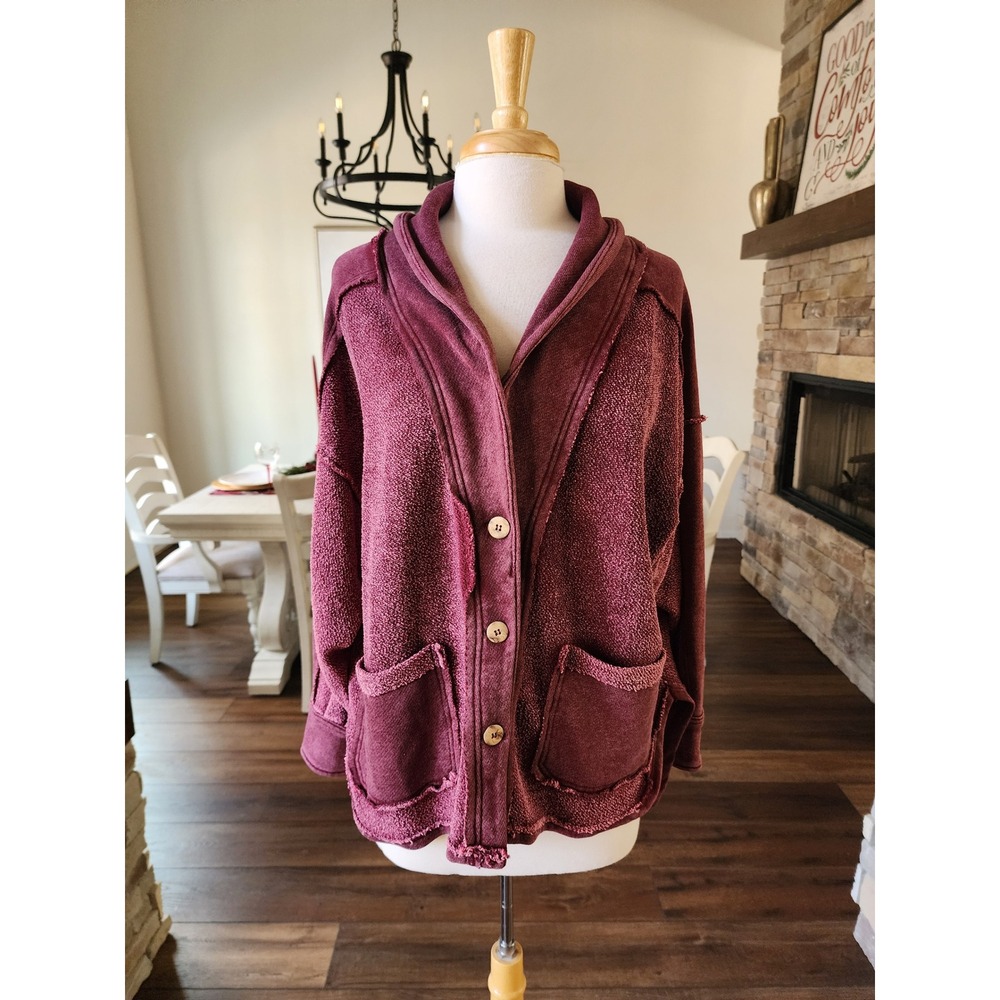 Zenana Outfitters Wine-Red Hooded Button Front Cardigan